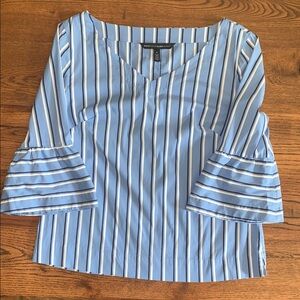 White House Black Market Blue and White Bell Sleeve Blouse